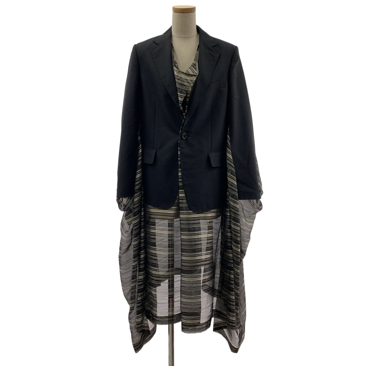 JUNYA COMME des GARCONS ジュンヤワタナベ 2025 SS ポリエステル 異素材 切替 変形 テーラード ドッキング ボリューム ワンピース S ブラック レディース