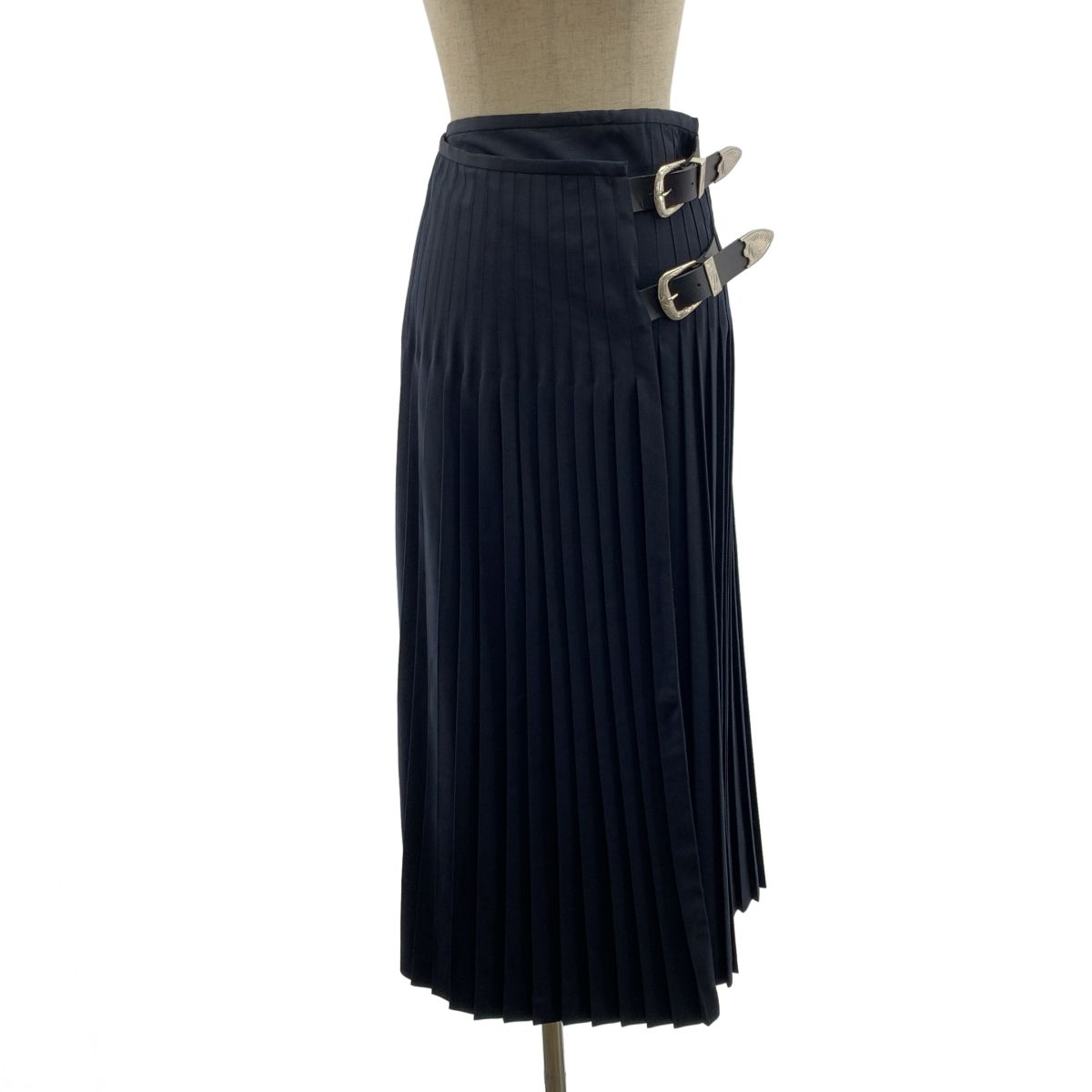 TOGA PULLA トーガプルラ ウール プリーツ ラップ ロングスカート 34 ネイビー レディース