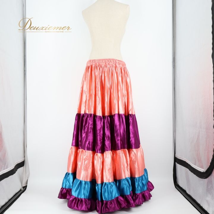 【タグ付き】光沢サテン　ジプシースカート　ピンク　ブルー　パープル　ダンス ベリーダンス 衣装 ジプシースカート ピンク系 光沢 ティアード 鮮やか