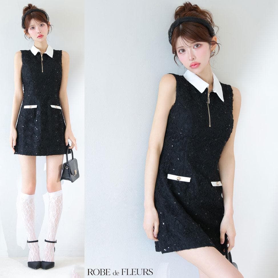 ROBE de FLEURS / ローブドフルール】襟つきフラワーレースサテンミニ