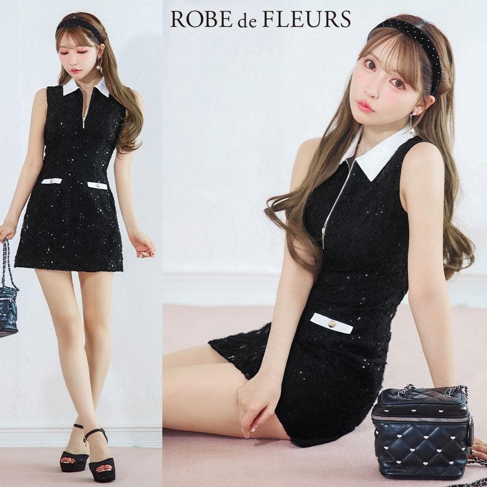 ROBE de FLEURS / ローブドフルール】襟つきフラワーレースサテンミニ