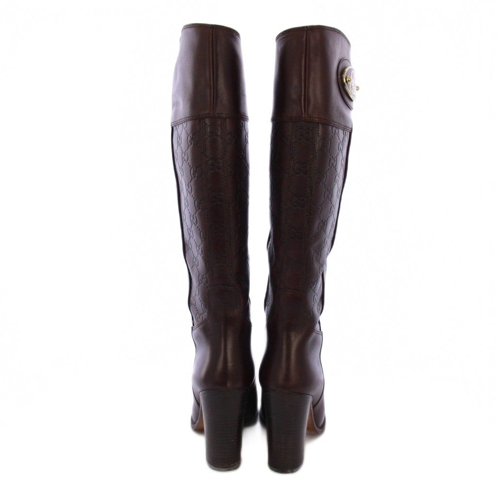 GUCCI ダークブラウン レザー ロングブーツ グッチ GUCCI ロングブーツ チャンキーヒール グッチシマ レザー 36.5
