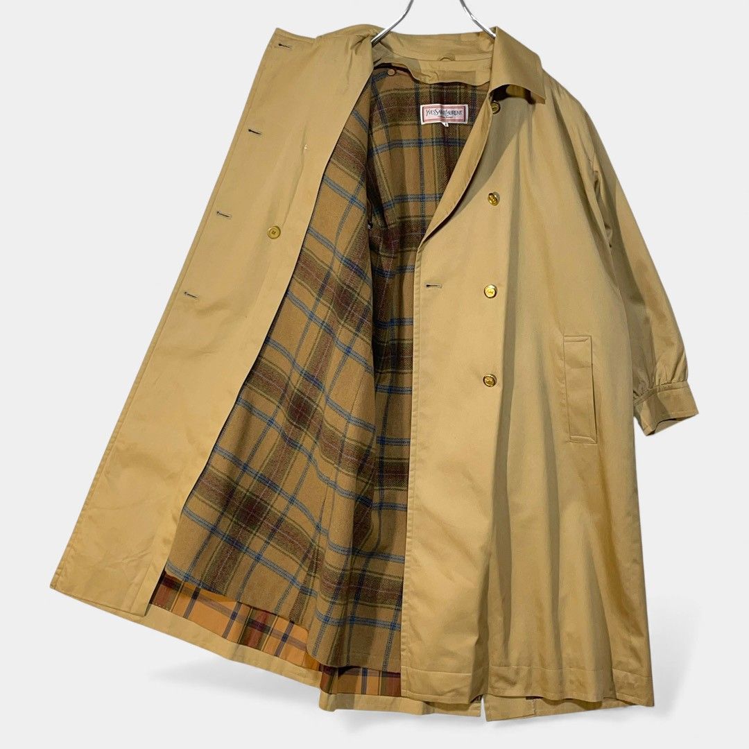 【イヴサンローラン】ロングトレンチコート　ダブル　ベルト　チェック　ライナー　M イヴサンローラン ベージュ ライナー付き チェック トレンチコート
