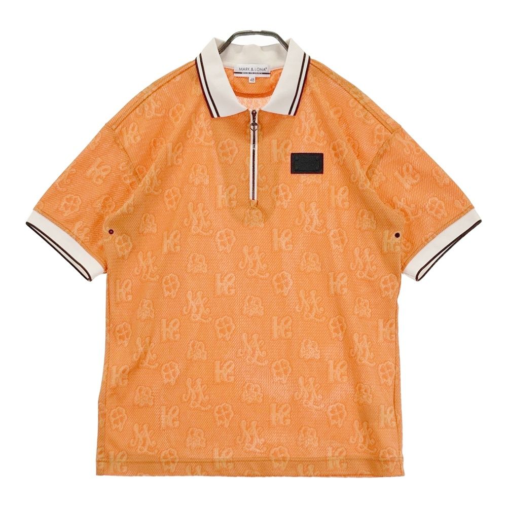 サイズ 48 MARK LONA マークアンドロナ モデル ハーフジップ 半袖ポロシャツ モノグラム柄 オレンジ系 ゴルフウェア メンズ ストスト