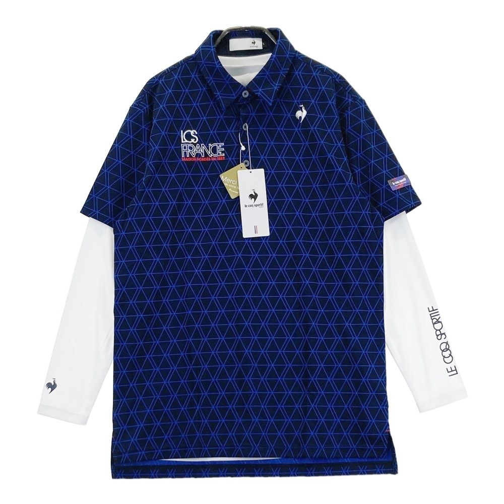 サイズ L LE COQ GOLF ルコックゴルフ モデル インナー付 半袖ポロシャツ 総柄 ネイビー系 ゴルフウェア メンズ ストスト