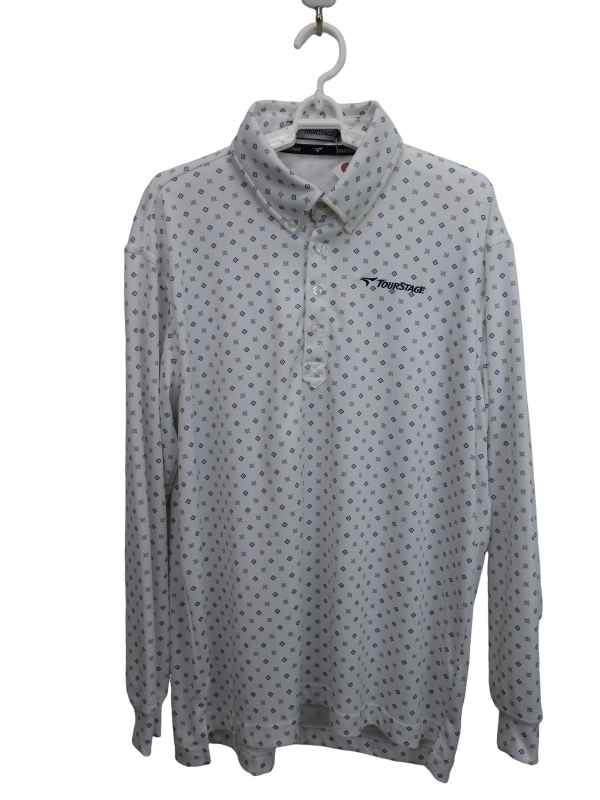 美品】TOURSTAGE(ツアーステージ) 長袖ポロシャツ 白青ダイヤ柄 メンズ