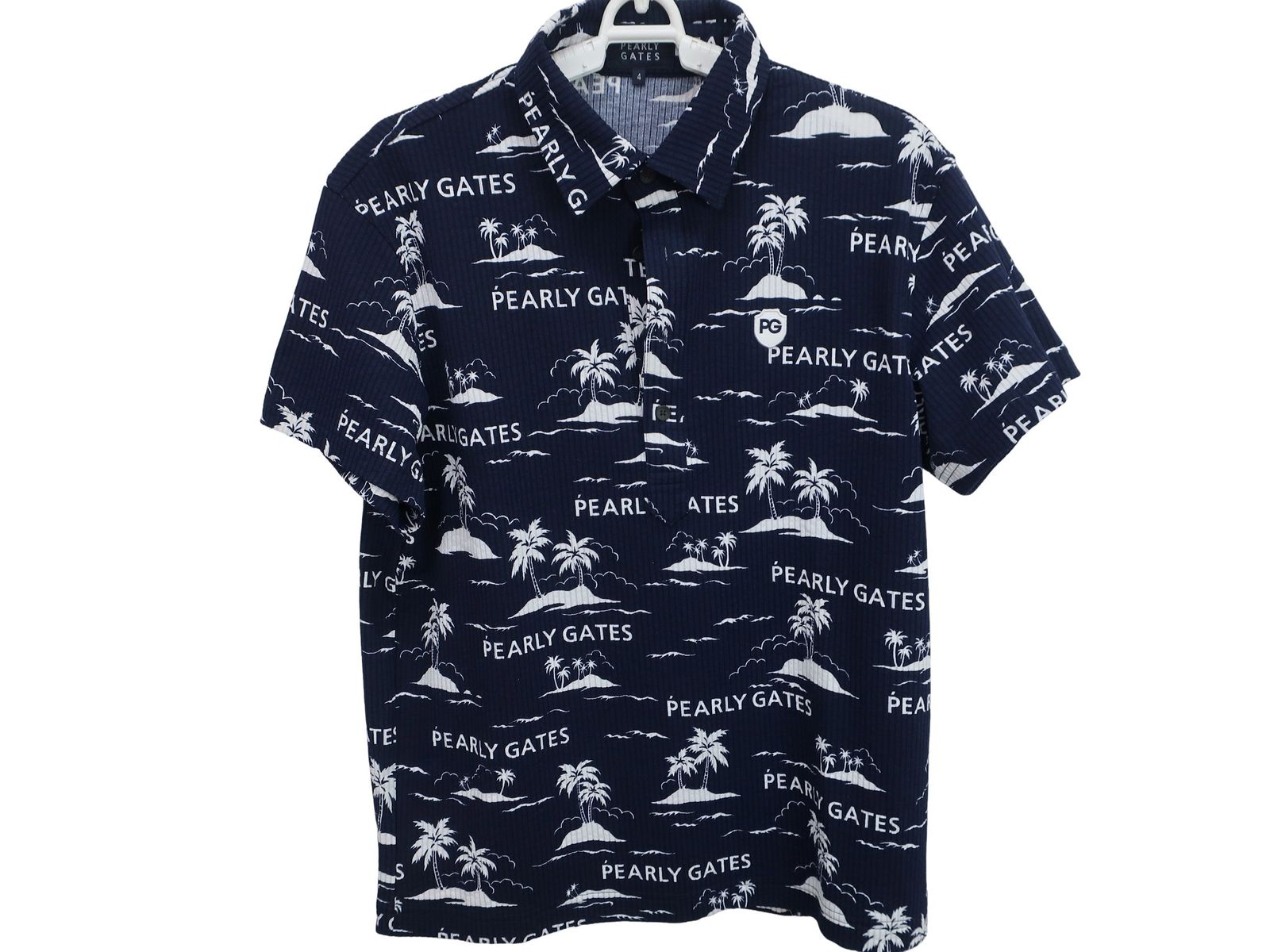 超美品】PEARLY GATES(パーリーゲイツ) ポロシャツ ネイビー白ヤシの木