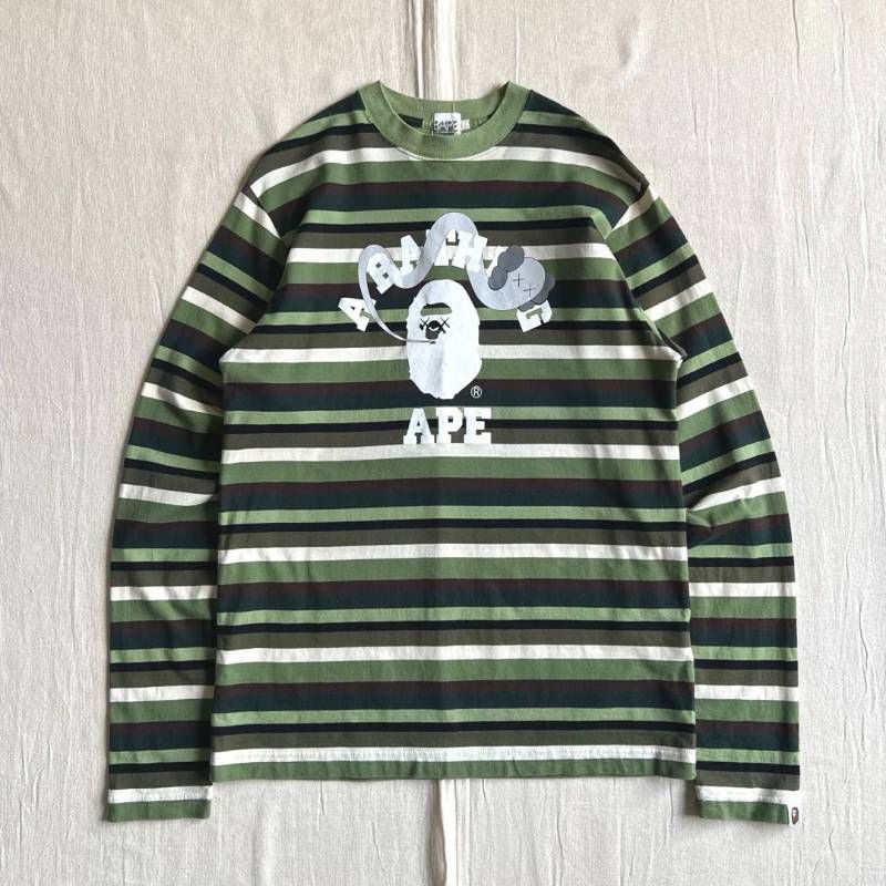 初期 ～00 s archive A BATHING APE KAWS BAPE カウズ コラボレーション マルチボーダー柄 ロングスリーブTシャツ ロンT 両面ロゴプリント 袖口タグ M ストリート multi border L tee