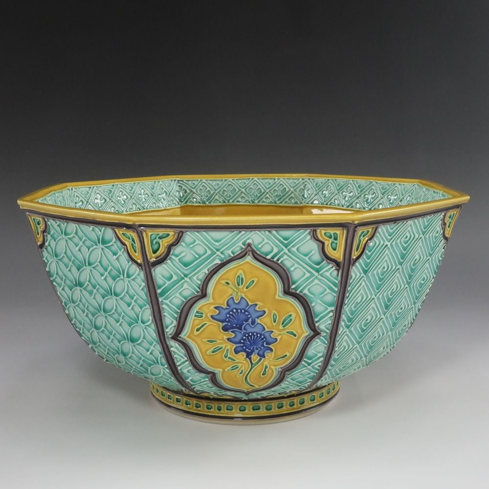 kyoyaki】京焼 中村翠嵐 作 古代黄交趾 八角草花鉢 陶磁器 _ 食器