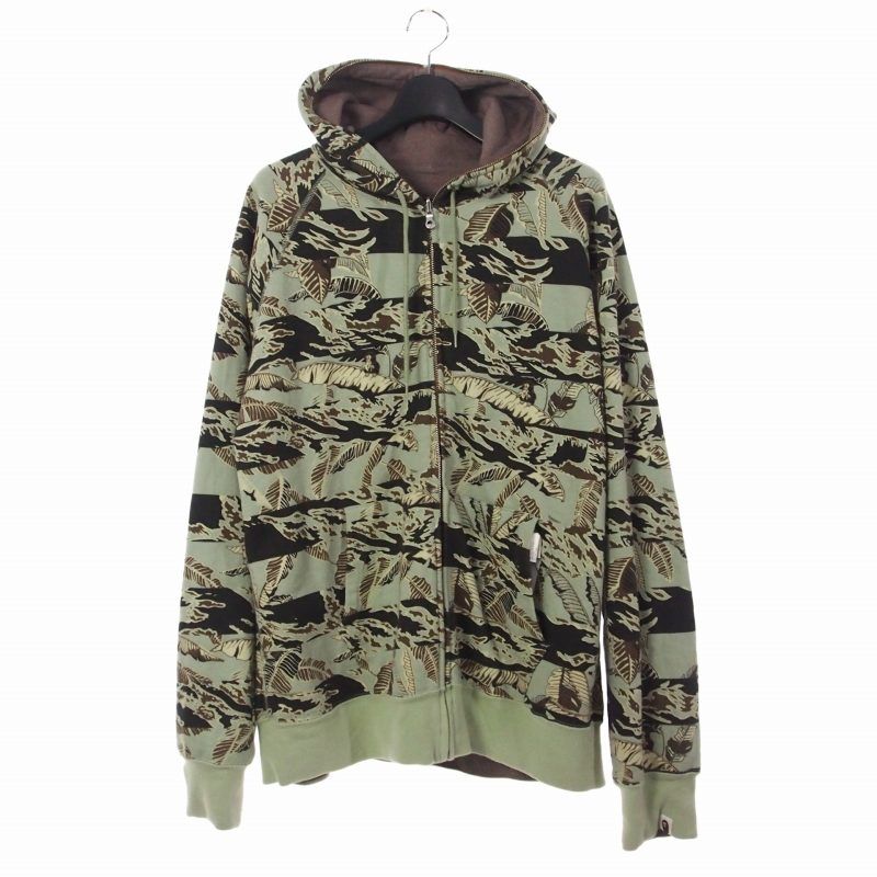 アベイシングエイプ A BATHING APE リバーシブル フルジップパーカー 総柄 XL グリーン系 ブラウンベージュ 1910-115-013
