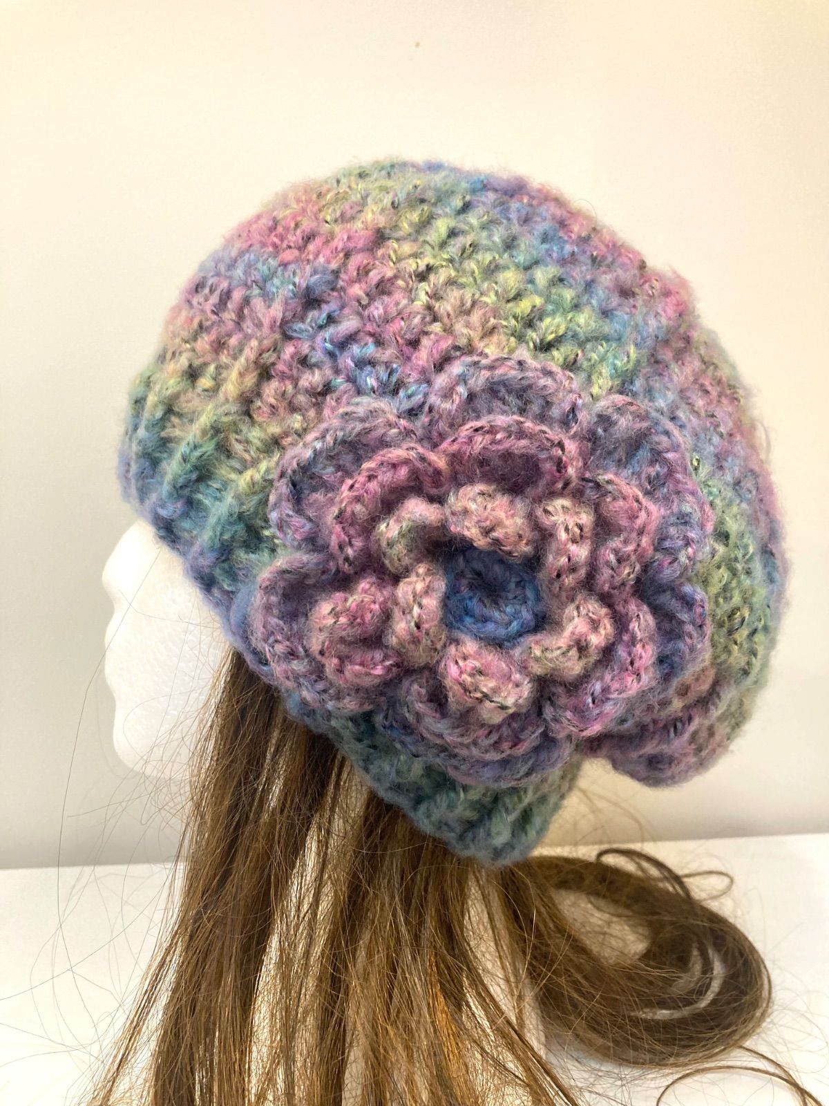 ハンドメイド グリーンレインボー モヘア ビーニー ニット帽 ベレー帽