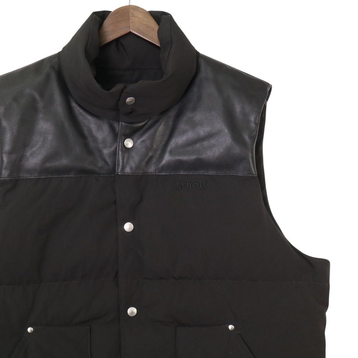 人気】Schott NY ショット レザー切り替え ダウンベスト XL メンズ 黒