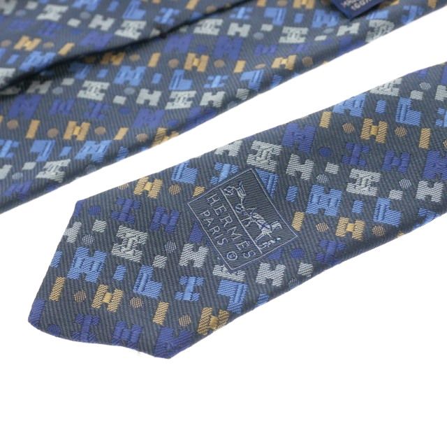 エルメス HERMES レギュラータイ シルク ネクタイ H柄 総柄 ブルー 青