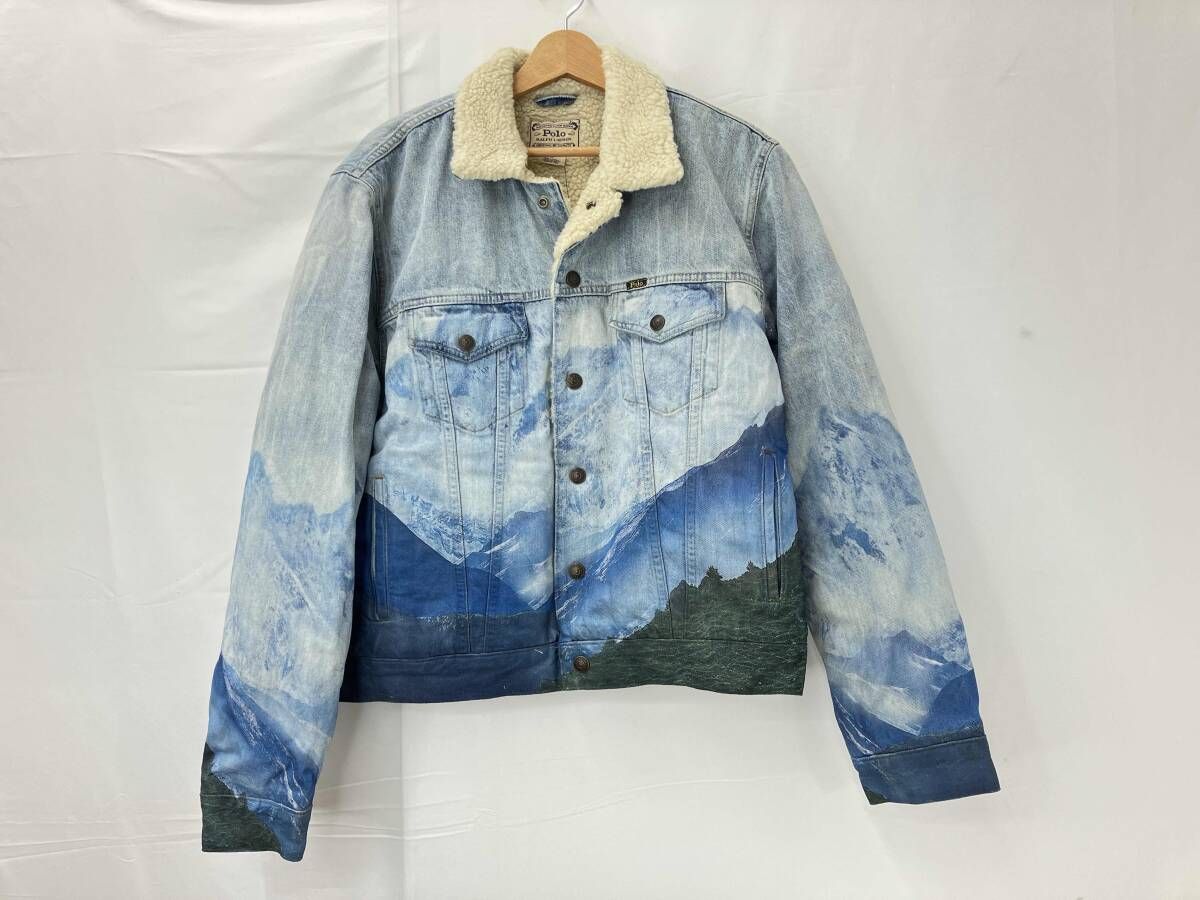 POLO RALPH LAUREN ポロ ラルフローレン フェイクシアーリング プリント デニム トラッカージャケット 裏ボア サイズM メンズ