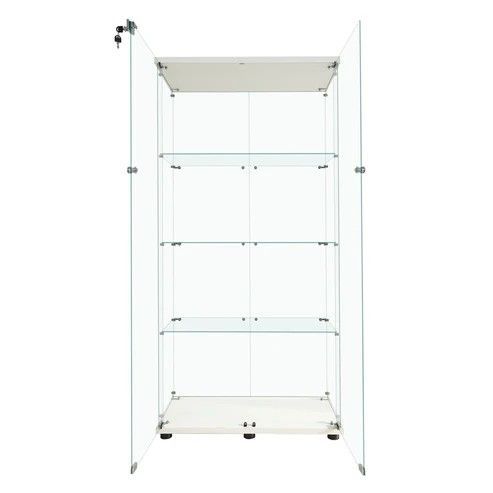 2001 両扉 強化 ガラス ケース 4段 ホワイト 鍵付き 豆脚付き 転倒防止