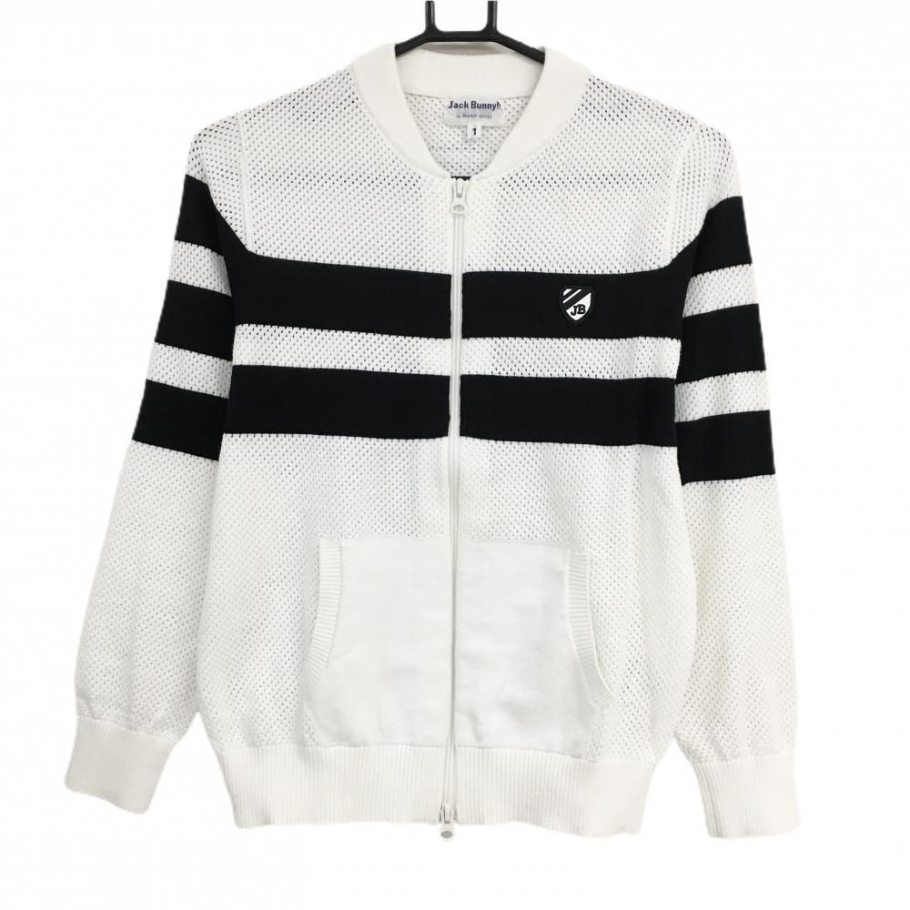 美品】ジャックバニー ニットジャケット 白×黒 メッシュ調 胸ロゴ