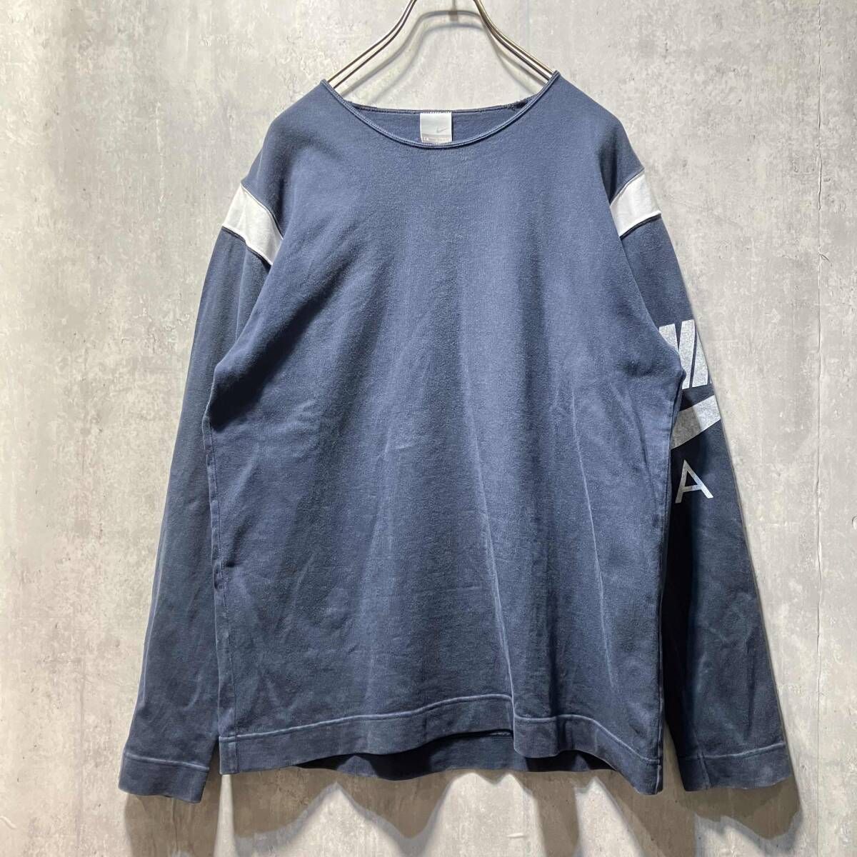 90 s OLD NIKE 長袖Tシャツ ロールネック袖プリントTEE L 190729 サイズM ナイキ ネイビー