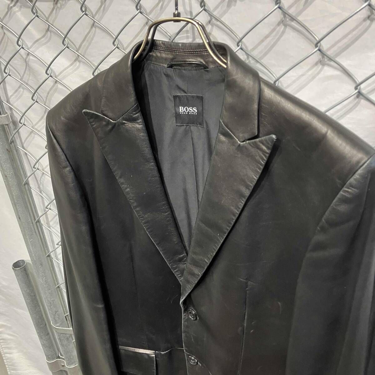 HUGO BOSS レザー テーラードジャケット size 046 ブラック ヒューゴボス 速乾素材 イージーパンツ