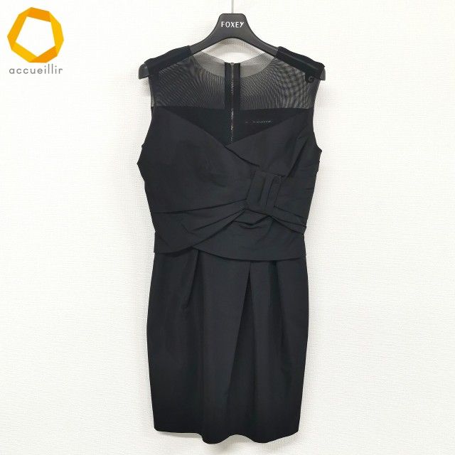 snc フォクシーニューヨーク FOXEYNEWYORK ワンピース ノースリーブ ミニ バックジップ メッシュ 38 黒 ハンガー付き レディース 820290