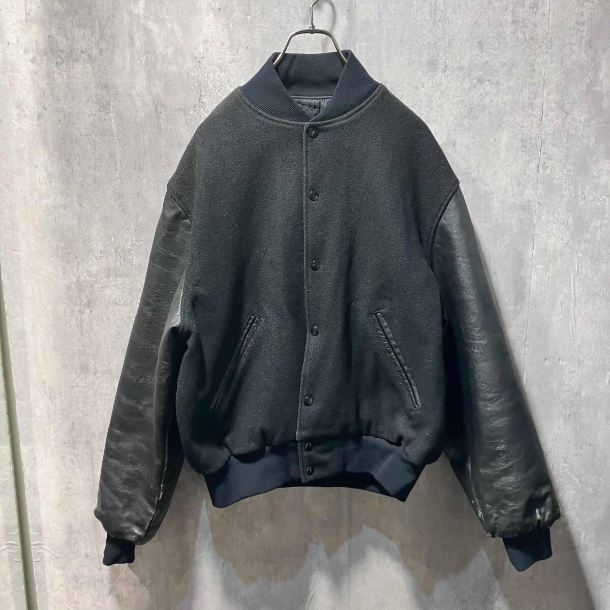 90 s 古着 GAME SPORTS WEAR 袖レザースタジアムジャケット サイズL ブラック ゲームスポーツウェア