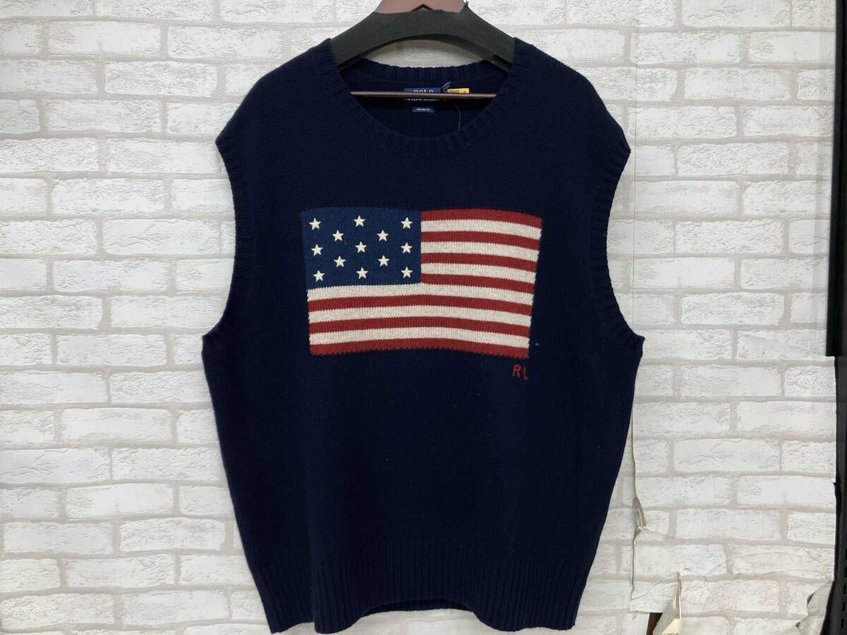 POLO RALPH LAUREN 25 FW ラルフローレン ビッグフィットフラッグセーター ベスト ネイビー メンズ L アメカジ