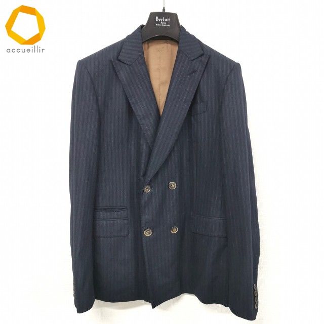 wnc ベルルッティ Berluti ダブルジャケット D 4 B ストライプ 本切羽 48 紺 黒 水色 カシミヤ混 イタリア製 ハンガー付き メンズ 979395