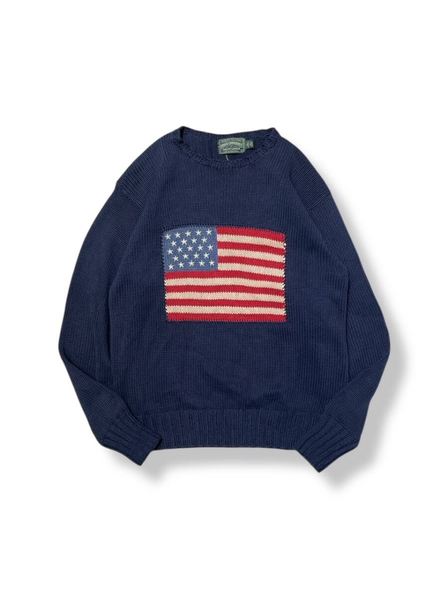 80 s POLO COUNTRY RALPH LAUREN 星条旗ニット サイズS ネイビー系 ポロカントリーラルフローレン