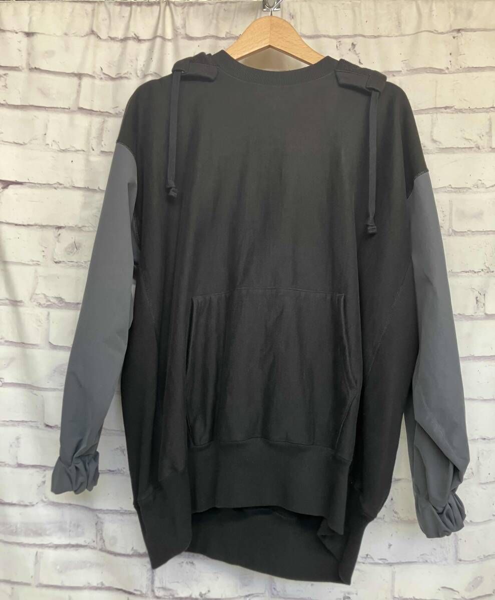 HYKE ハイク 21 ss sweat hoodie 後付けフード切替パーカー サイズ1 ブラック グレー コットン 袖ナイロン 211 12288