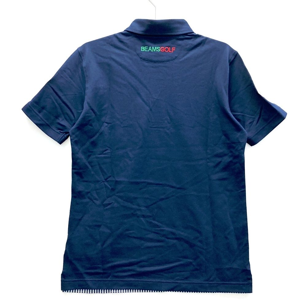サイズ S BEAMS GOLF ビームスゴルフ 半袖ポロシャツ ワッペン ストライプ柄 ネイビー系 ゴルフウェア メンズ ストスト