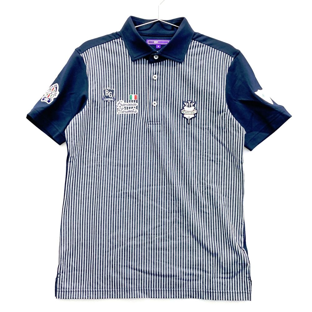 サイズ S BEAMS GOLF ビームスゴルフ 半袖ポロシャツ ワッペン ストライプ柄 ネイビー系 ゴルフウェア メンズ ストスト