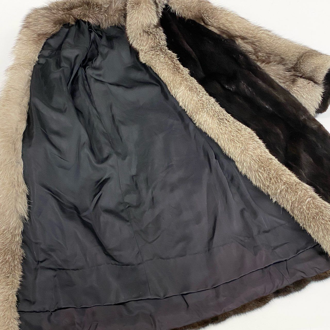 総丈91/袖太デザイン マホガニーミンク セミロング ファーコート 毛皮 XL 6L5 マホガニーミンク × シルバーフォックス 丈118cm 超ロングコート