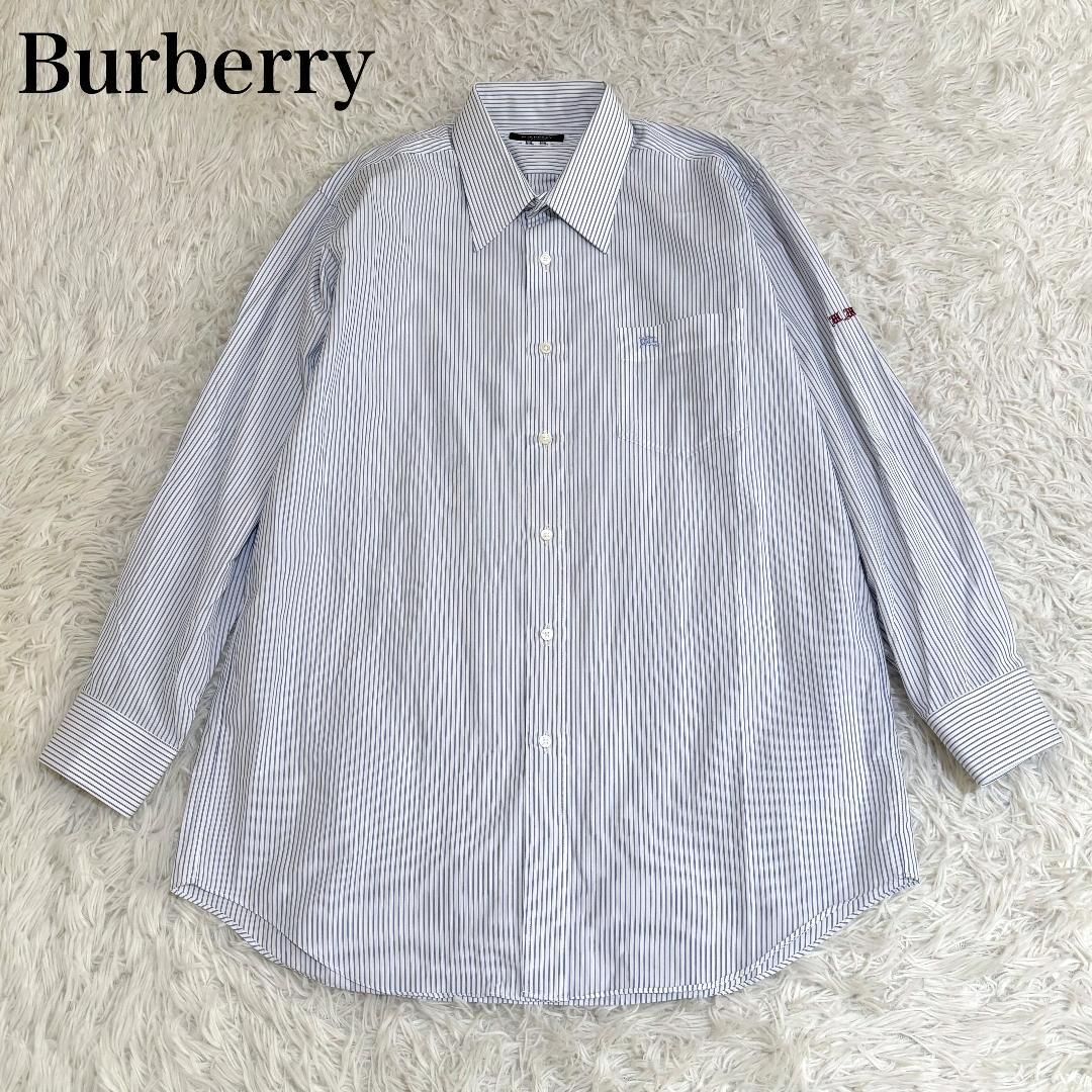 BURBERRY LONDON M 長袖シャツ ブルー ストライプ ロゴ