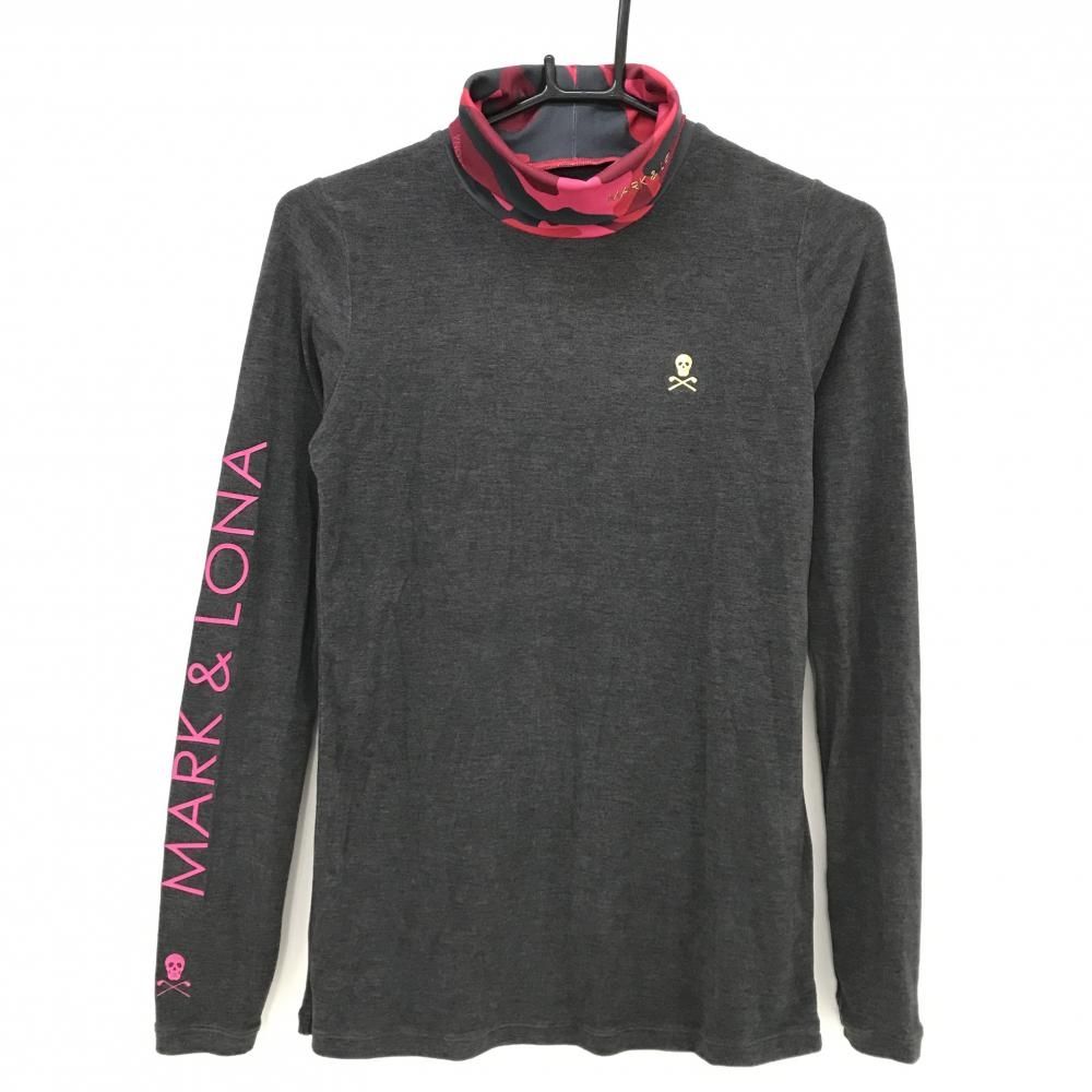 マークアンドロナ モックネックシャツ タートルネック ロゴ 長袖 ゴルフウェア 超美品】マークアンドロナ 長袖タートルネックシャツ グレー×ピンク