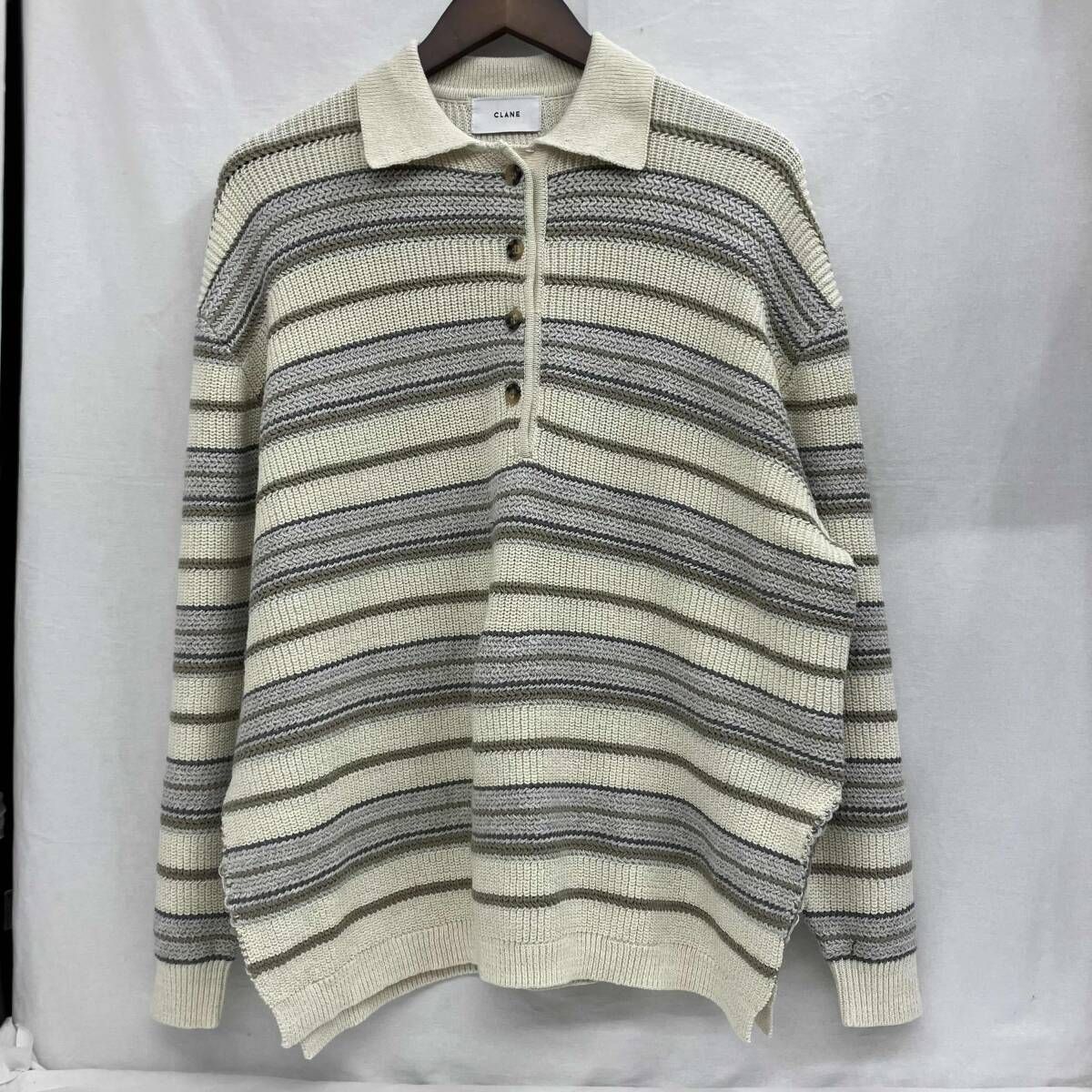 CLANE 長袖ニット オフホワイト ボーダー ハーフボタン ニット サイズM 16106-2052