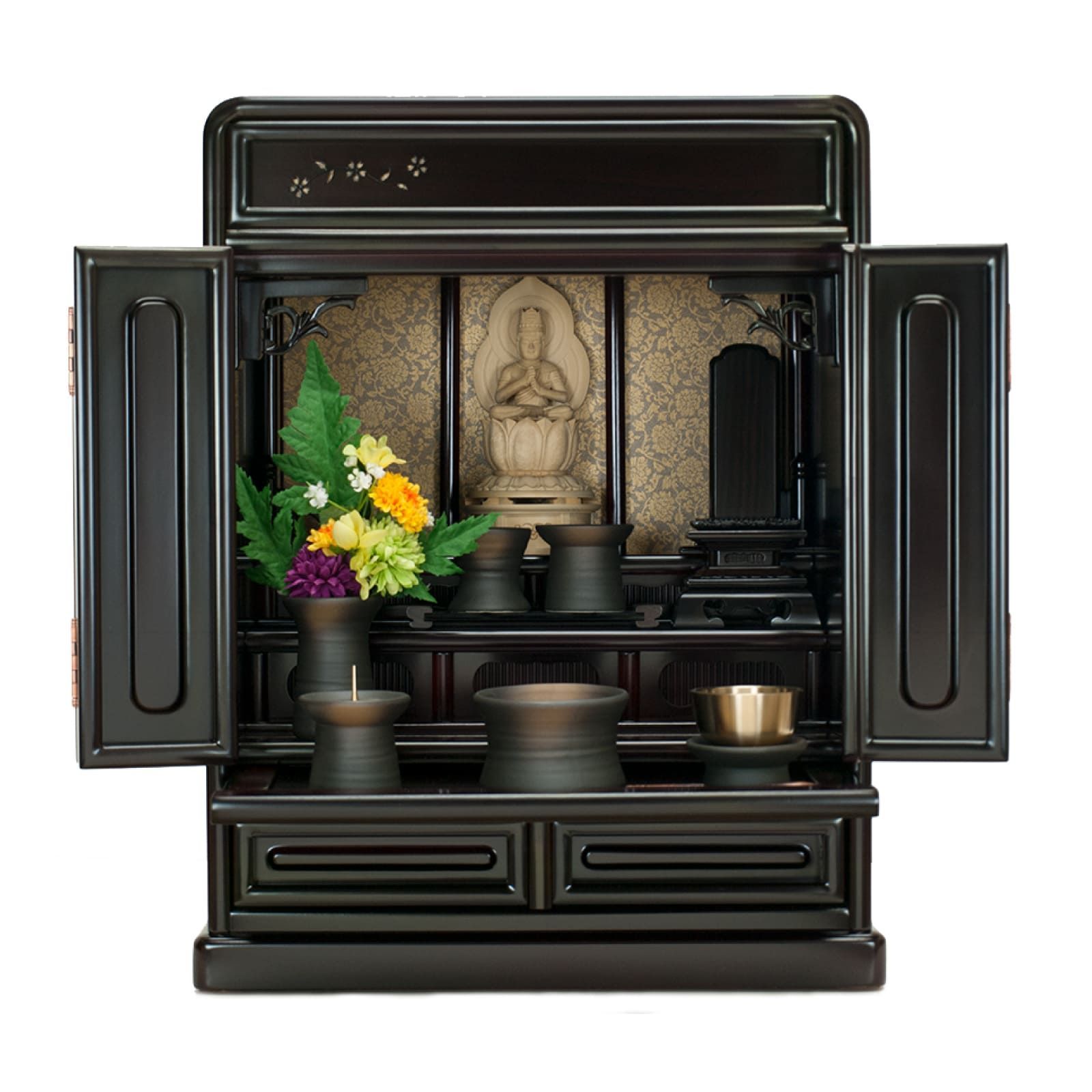 大 ミニ唐木仏壇 豆桜 16号 紫檀調 幅約38 cm 高さ49.5 引き出し付き スライド棚付き アウトレット