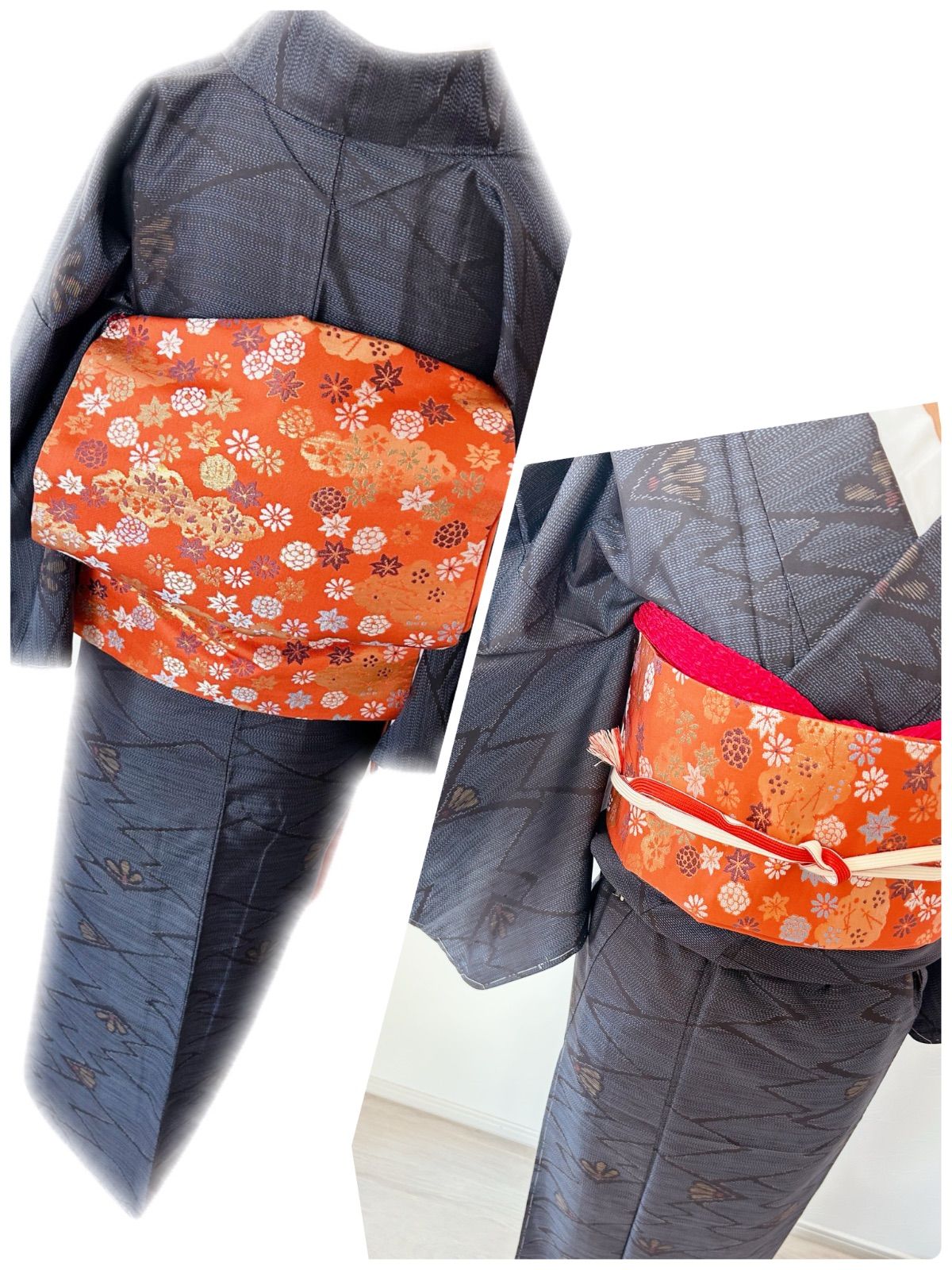 本場大島紬 身丈147.5裄64 小柄な方 フルセットお探しの方にも 泥染め 吉祥花文