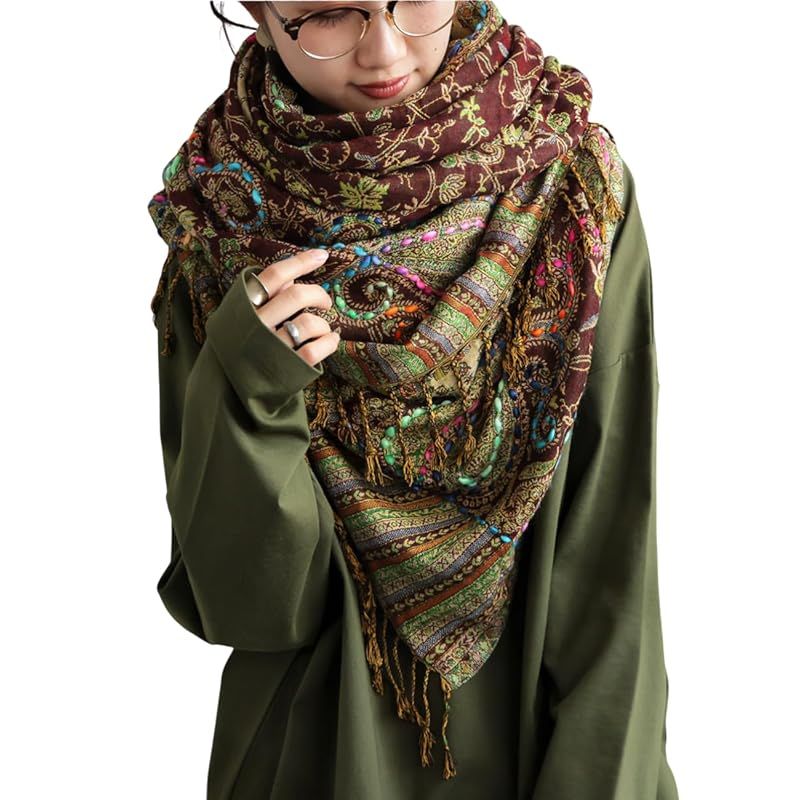antiqua アンティカ エスニック柄 大判 ストール レディース フリンジ IYA 00127 10 マロン