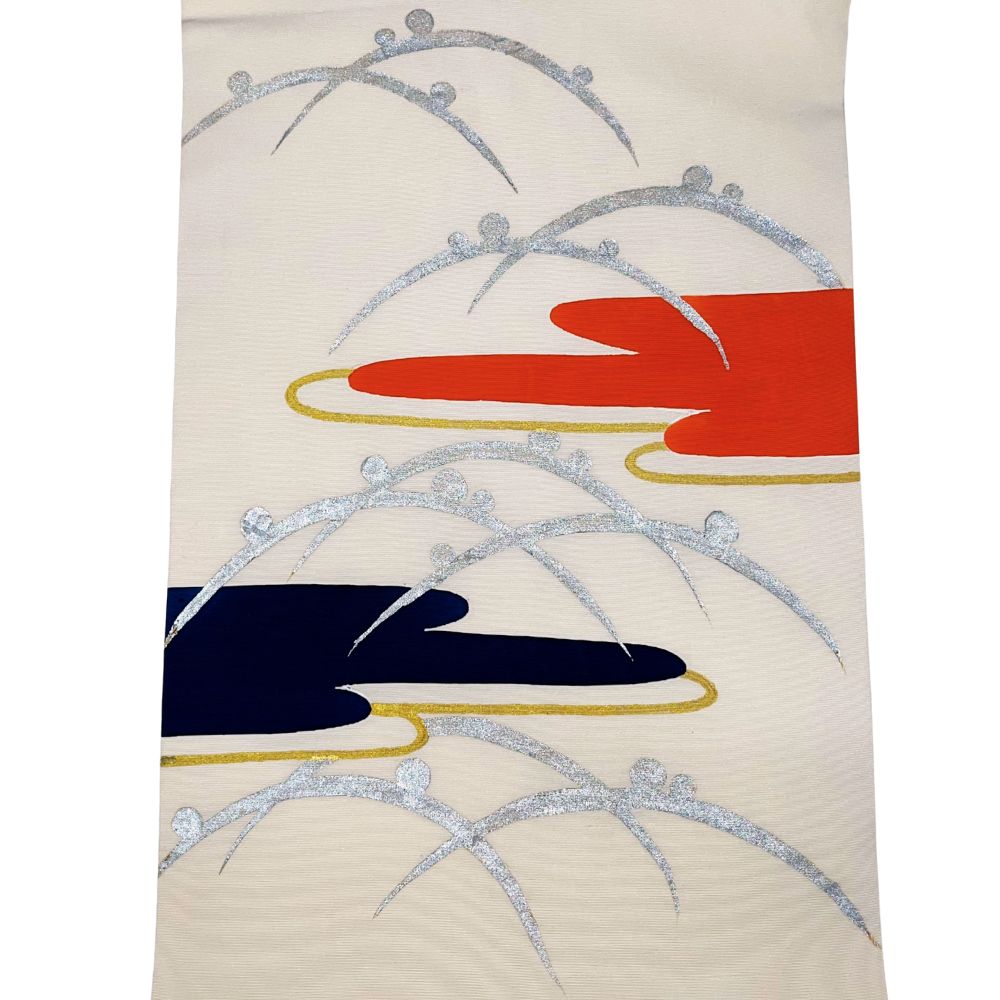 名古屋帯 正絹 リユース 中古 雲文様 濃紺×朱色×銀彩 032-1R（8050