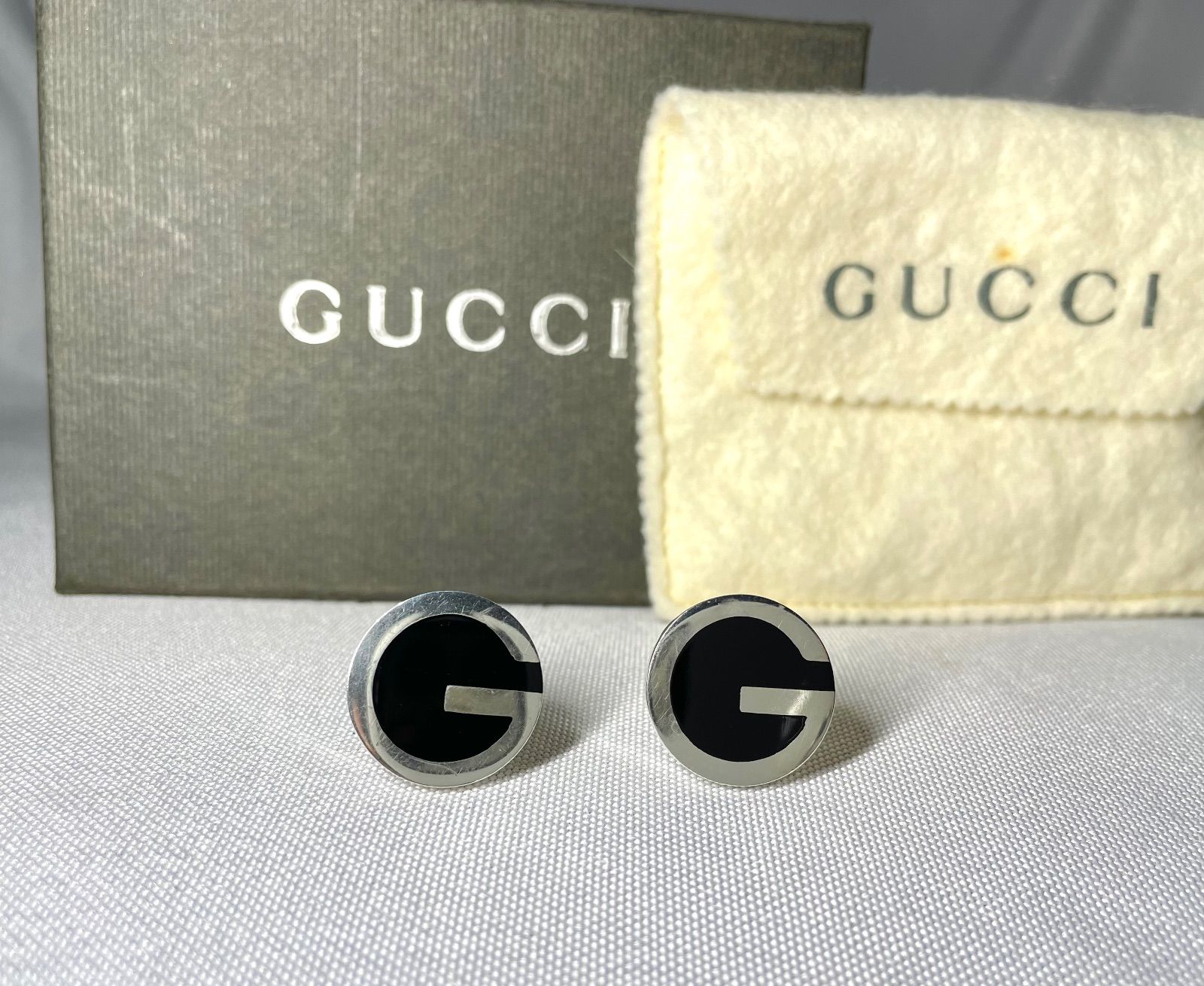 GUCCI グッチ Gデザイン スターリングシルバー - ブラック オーバル ヴィンテージカフス カフリンクス ボタン SV 925 あり
