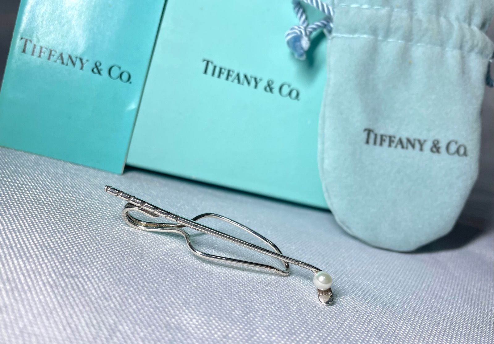 美品 Tiffany ティファニー パール装飾ボール ゴルフクラブネクタイ