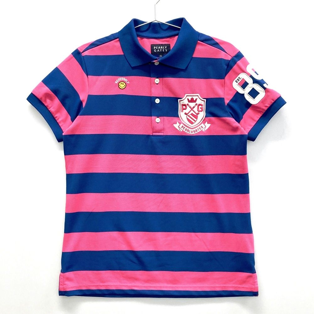 サイズ 3 PEARLY GATES パーリーゲイツ 半袖ポロシャツ ニコちゃん ボーダー柄 ブルー系 ゴルフウェア メンズ ストスト