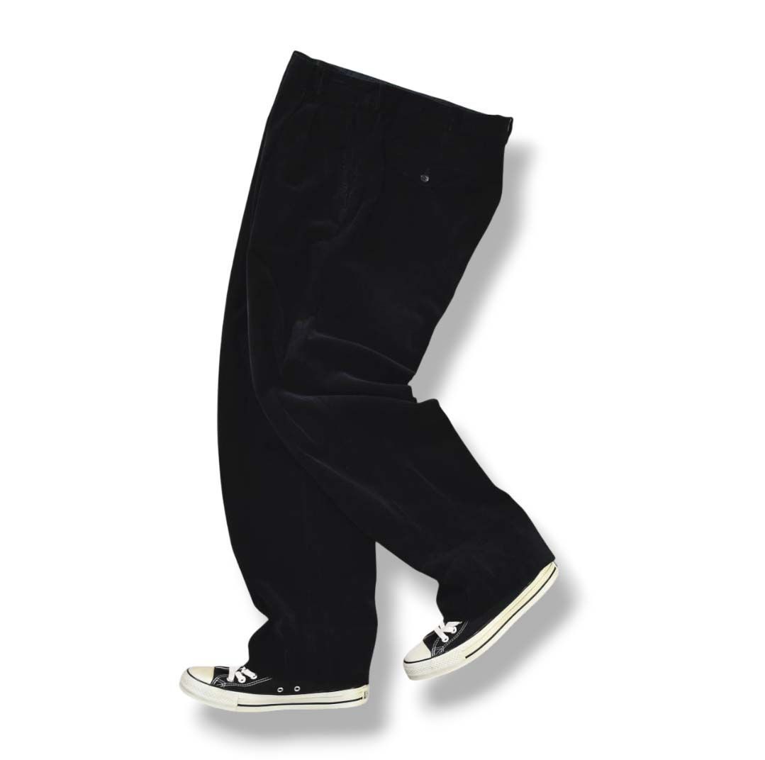 パパス PAPAS 細畝 コーデュロイ パンツ ツータック テーパード ストレッチ ジップアップ ルーズ ワイド リラックス シルエット XL ブラック x チェック柄 切替 アメリカン カジュアル メンズ