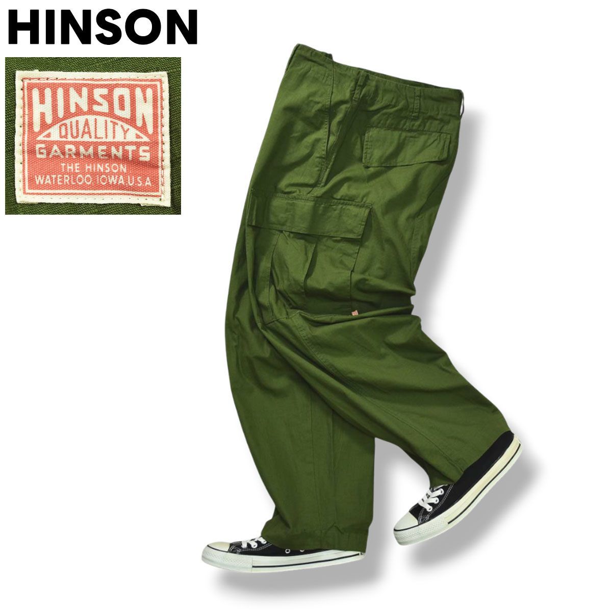【美品】 ヒンソン HINSON コットン リップストップ カーゴ パンツ ジップアップ ワイド シルエット ロゴ入り M オリーブ アメリカン カジュアル ミリタリー ストリート メンズ