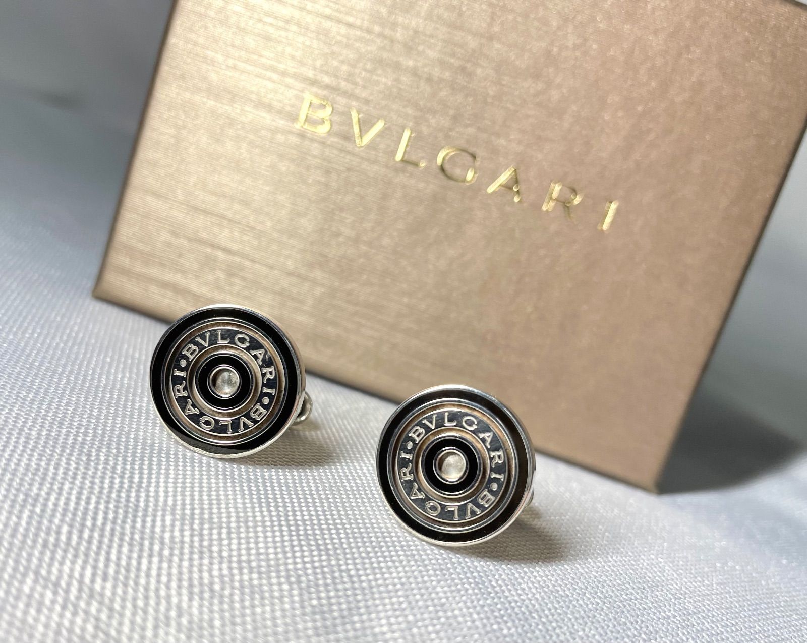 BVLGARI ブルガリ ブランドロゴ文字 スターリングシルバー - ブラックライン オーバルカフス カフリンクス ボタン SV 925 箱あり