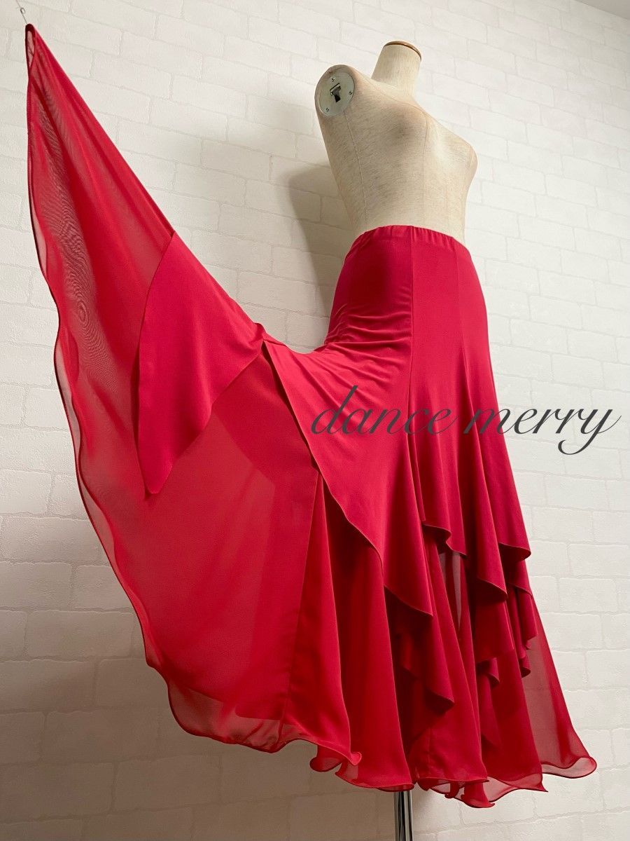 MERRY】新品 社交ダンス スカート 赤 レッスン パーティ シフォン