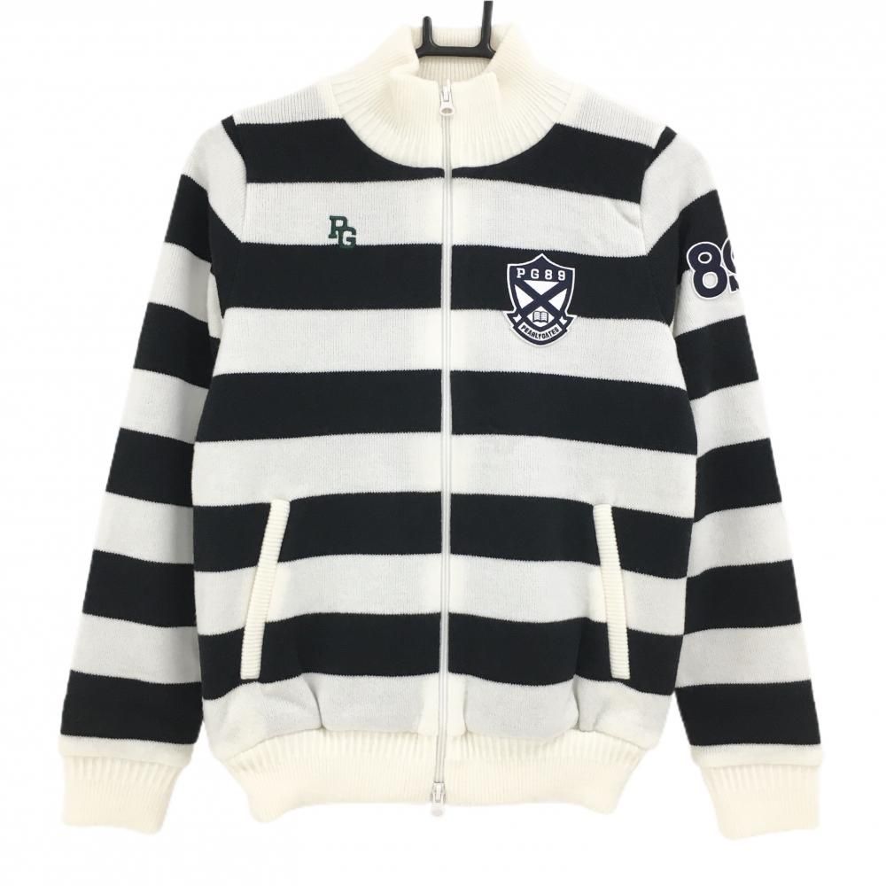 パーリーゲイツ ニットジャケット 白×ネイビー ボーダー 裏地付き ウール混 レディース 1 M ゴルフウェア PEARLY GATES