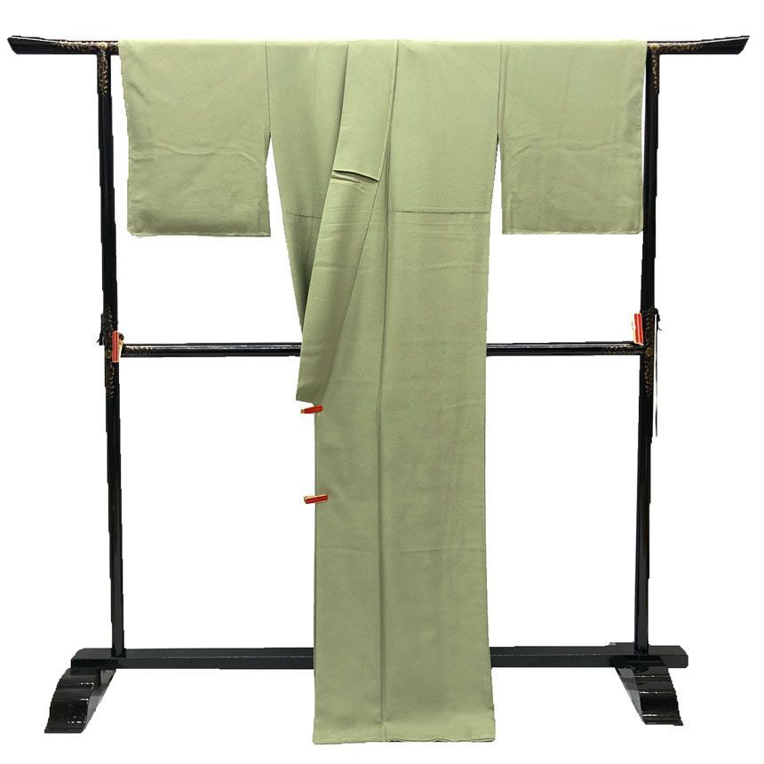 京やF 030 正絹 色無地 一つ紋 丹後ちりめん 加賀の彩り 平安織 地模様入 身丈165 裄68 裄長め トールサイズ 山葵色 グリーン 袷の着物 仕立て上がり お茶席 七五三 入学式 卒業式 フォーマルからカジュアルシーンまでOK