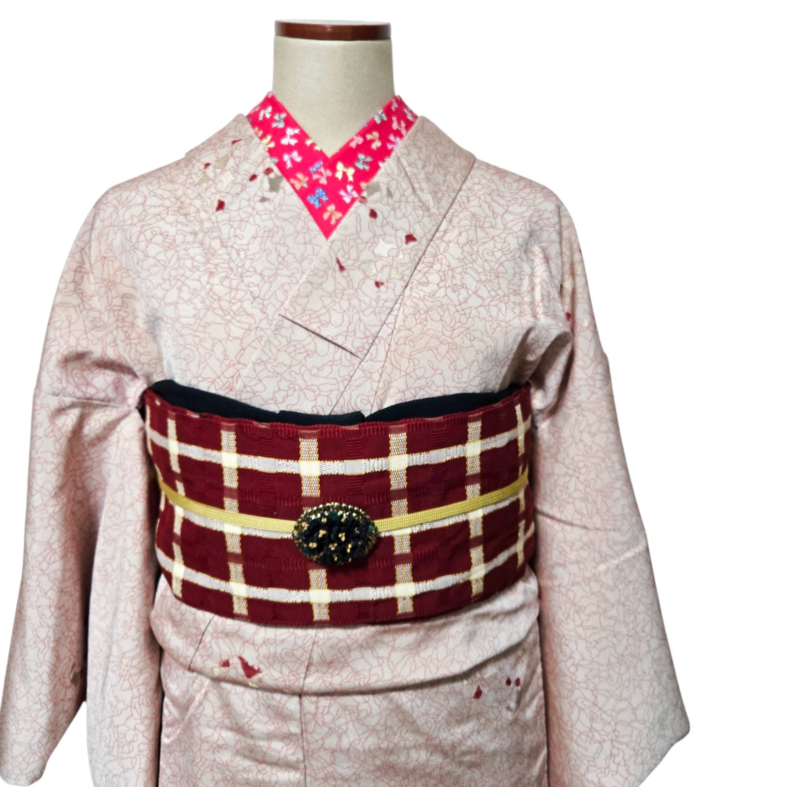 御召 チェック クリスマス 赤 アンティーク着物 半幅帯 - メルカリ