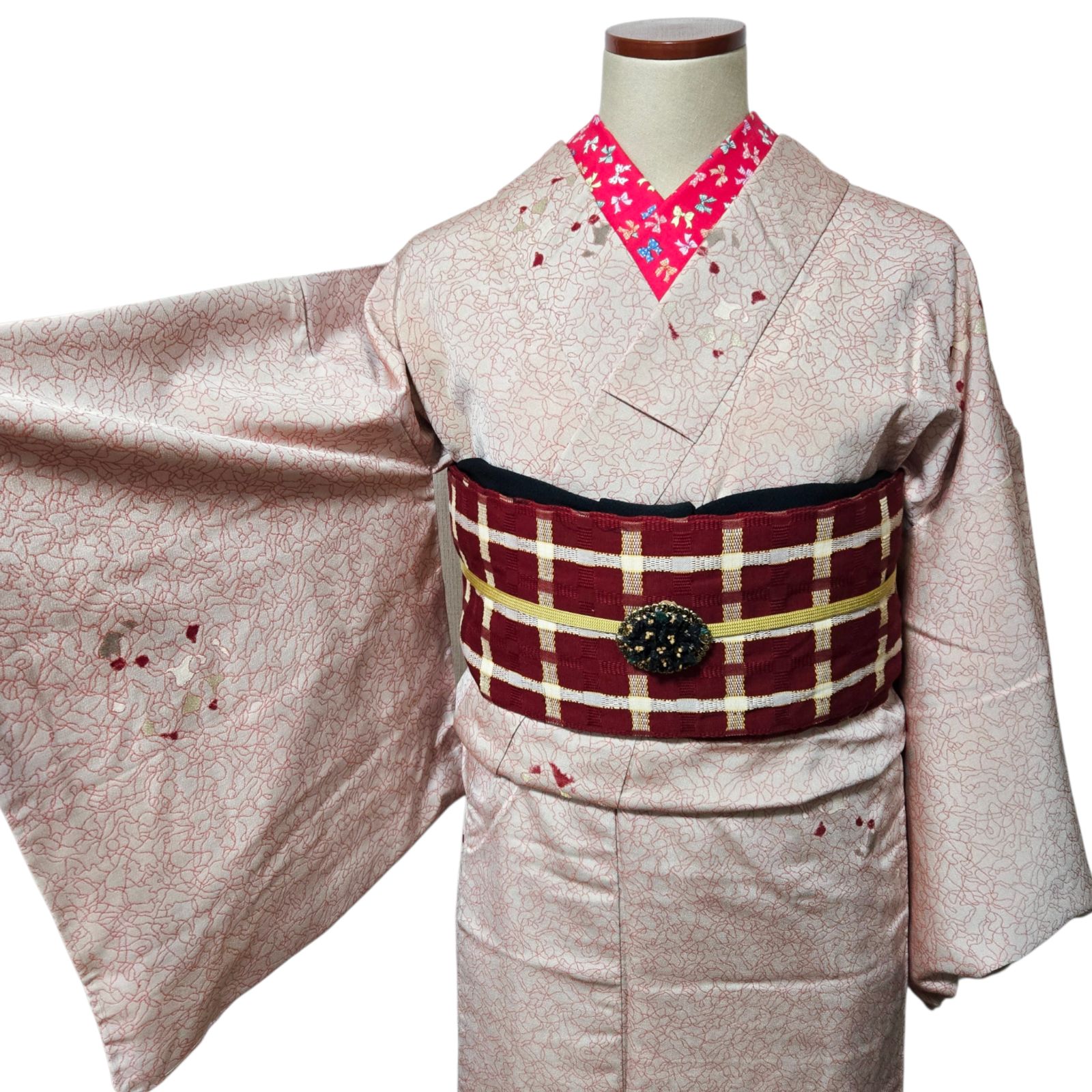 御召 チェック クリスマス 赤 アンティーク着物 半幅帯 - メルカリ