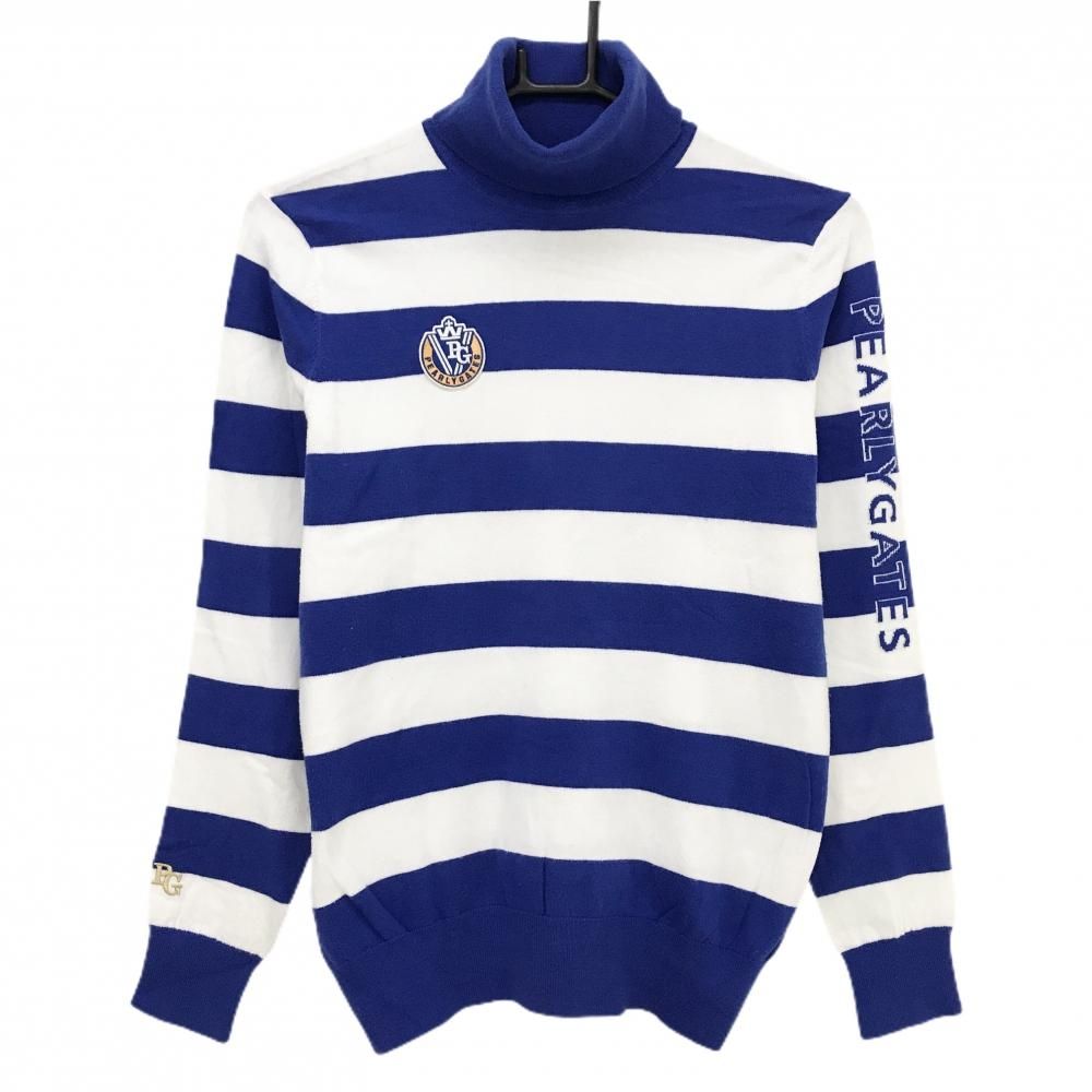 パーリーゲイツ タートルネックセーター 白×ブルー ボーダー 袖ロゴ